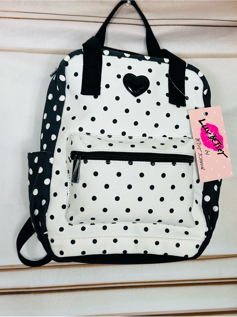 Betsey Johnson Black & White Polka Dot Heart Patch Backpack - Picture 10 of 16